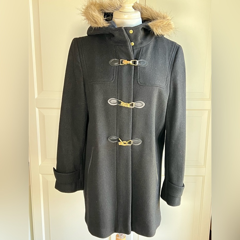 Cole Haan Woman’s black wool blend With gleaming toggle closure, faux fur hood